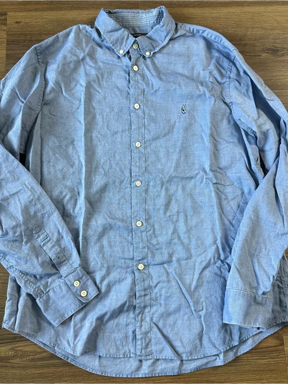John Varvatos USA Shirt Mens XL Blue Chambray Long Sleeve Button Up Logo Classic
